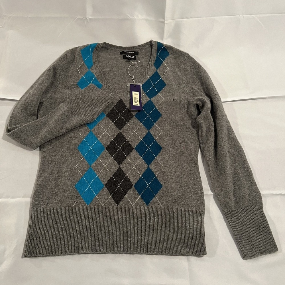 Apt. 9 Womens Cashmere Sweater Argyle V Neck Knit Pullover Preppy Sz Large READ